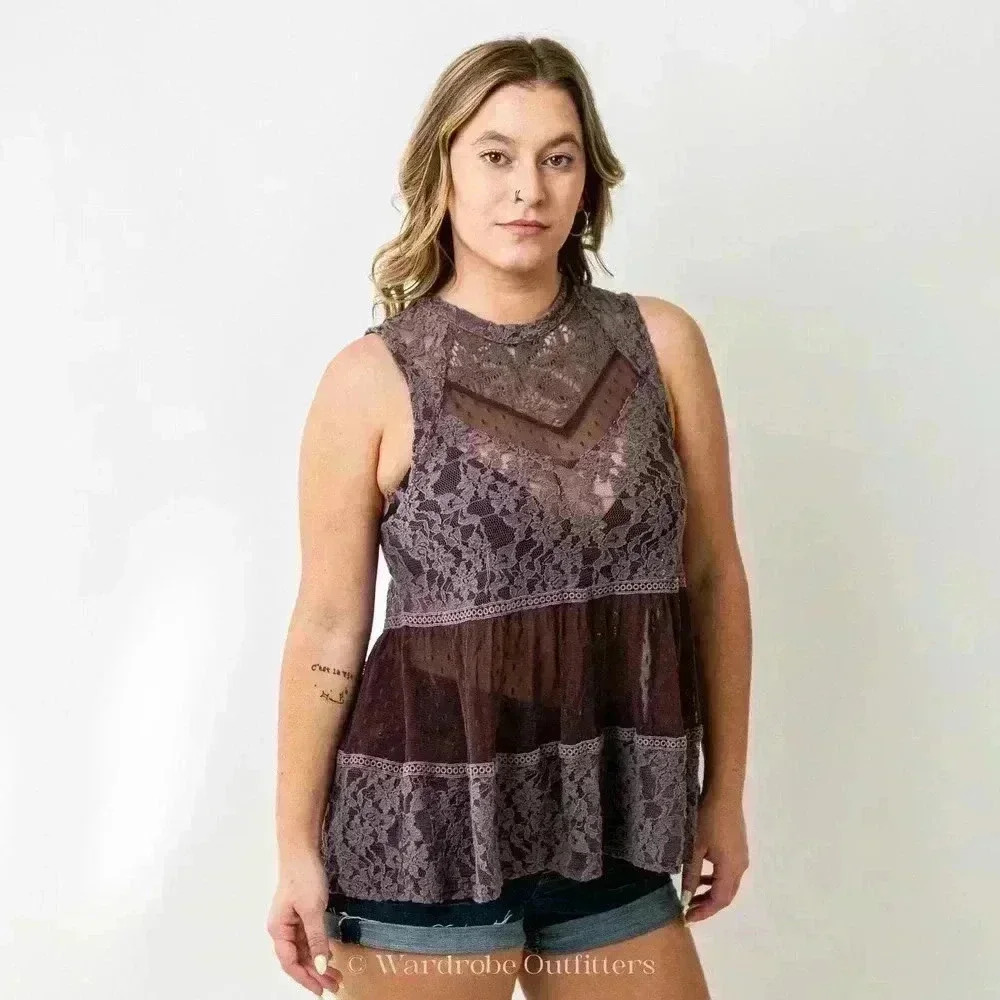 Free People Plum Sheer Needle Lace Sleeveless Tank Blouse - Picture 1 of 6